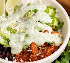 chicken tinga bowl perfect for weekly meal prep, Chicken Tinga bowl with rice beans and dressing close up