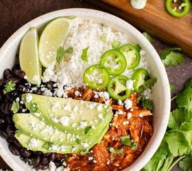chicken tinga bowl perfect for weekly meal prep, Chicken Tinga bowl from above garnished with cilantro avocado and jalape os