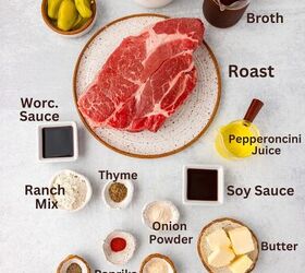 easy mississippi pot roast slow cooker recipe, Beef with spices and sauces arranged on a flat surface