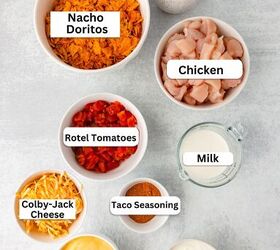 doritos casserole, Top view of nine bowls on a light surface Bowls contain labeled ingredients Nacho Doritos chicken pieces oil Rotel tomatoes milk Colby Jack cheese taco seasoning cream of chicken soup and sour cream