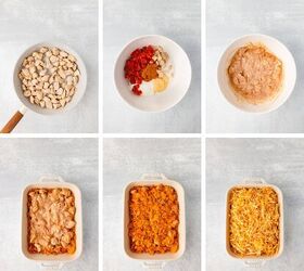 doritos casserole, A six step cooking process 1 Saut ed chicken in a pan 2 Ingredients including tomatoes spices and yogurt in a bowl 3 Mixed ingredients 4 Chicken layered in a baking dish with sauce 5 Baked with a crust 6 Topped with cheese
