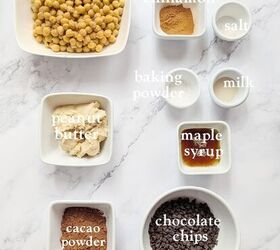 flourless chocolate chickpea cookies, Flourless chocolate chickpea cookie ingredients on a mable surface