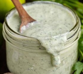 keto broccoli salad creamy crunchy and low carb, Cilantro Lime Dressing in a jar with a spoonful running down the front