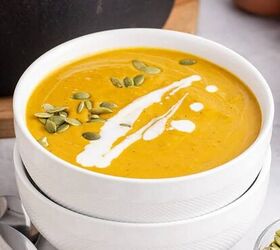 keto broccoli salad creamy crunchy and low carb, Pumpkin Carrot Soup in bowls with pumpkin seeds and drizzle coconut milk