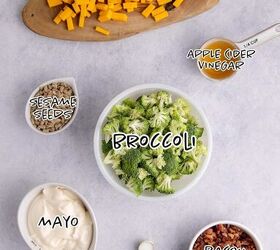 keto broccoli salad creamy crunchy and low carb, Keto broccoli salad ingredients on a counter