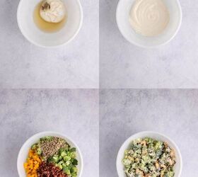 keto broccoli salad creamy crunchy and low carb, Keto broccoli salad being made and mixed in a bowl