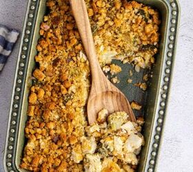 keto broccoli salad creamy crunchy and low carb, Broccoli Cauliflower Casserole from above with a serving spoon