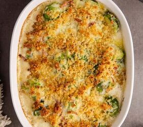 keto broccoli salad creamy crunchy and low carb, Brussels Sprouts Casserole with crispy topping on a counter in a pan