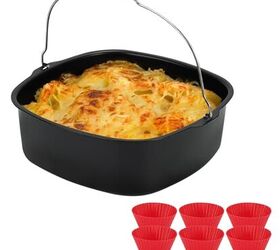 BSDLZCH 8inch Air Fryer Cake Pan, Non-stick Air Fryer Cake Barrel Square Deep Baking Pan Pizza Baking Pan for Instant Pot Cake Tray Basket Kitchen Accessorie Set (with 6 muffin cups)