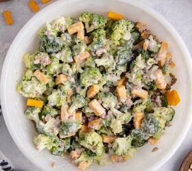 3 ingredient strawberry dump cake the easiest dessert you ll make, Keto broccoli salad in a bowl on a counter with cheese in the background