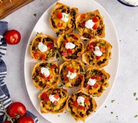 3 ingredient strawberry dump cake the easiest dessert you ll make, Mini Taco Cups on a platter with sour cream tomatoes and cilantro from above