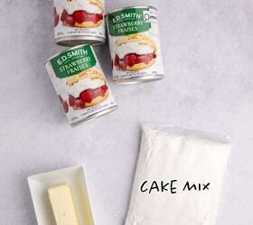 3 ingredient strawberry dump cake the easiest dessert you ll make, Strawberry Dump Cake Ingredients on a Counter