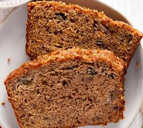 creamy coleslaw with celery seed, Overhead view of two slices of rhubarb banana bread on a small white plate