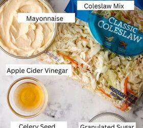creamy coleslaw with celery seed, A top view image of coleslaw ingredients on a marble surface Items include a bag of coleslaw mix a bowl of mayonnaise a small bowl of apple cider vinegar a dish with celery seed and a bowl of granulated sugar Labels identify each ingredient