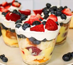 easy no bake parfait cups with fresh berries, Berry parfait cups layered with vanilla pudding cake strawberries blueberries and whipped cream