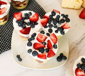 easy no bake parfait cups with fresh berries, Berry dessert parfait cups layered with vanilla pudding cake cubes strawberries blueberries and whipped cream