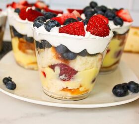 easy no bake parfait cups with fresh berries, Berry trifle parfait cups with pound cake vanilla pudding whipped topping strawberries and blueberries