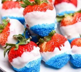 easy no bake parfait cups with fresh berries, July 4th strawberries dipped in white chocolate with blue sugar crystals on plate