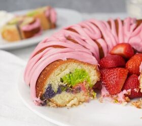 easy no bake parfait cups with fresh berries, Slice of Easter Bundt cake with pink glaze and colorful marble crumb served with fresh strawberries