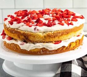 easy no bake parfait cups with fresh berries, Strawberry banana layer cake with vanilla sponge whipped cream frosting and fresh chopped strawberries on top displayed on a white cake stand