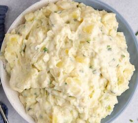 this red white and blue cookie cake is always a hit, Potato Salad without Eggs in a serving bowl with chives on top