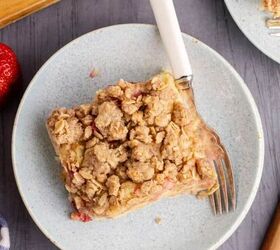 this red white and blue cookie cake is always a hit, strawberry rhubarb coffee cake on a plate from above