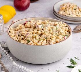 cold tuna pasta salad creamy fresh easy, Cold Tuna Pasta Salad in a serving bowl with a plateful in the back