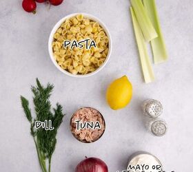 cold tuna pasta salad creamy fresh easy, Cold Tuna Pasta Salad Ingredients on a Counter