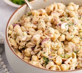 cold tuna pasta salad creamy fresh easy, Cold Tuna Pasta Salad in a serving bowl with a spoon in it