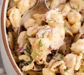 cold tuna pasta salad creamy fresh easy, Cold Tuna Pasta Salad in a serving bowl close up with a spoonful