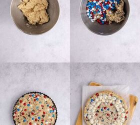this red white and blue cookie cake is always a hit, Red White and Blue Cookie Cake dough being made in a mixer bowl and then into a tart pan