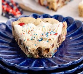 this red white and blue cookie cake is always a hit, Red White and Blue Cookie Cake close up with a bite take from the front