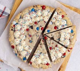 pasta salad with fresh dill, Red White and Blue Cookie Cake from above with half cut into slices
