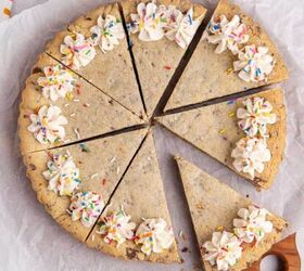 pasta salad with fresh dill, Chocolate chip cookie cake from above with slices all cut
