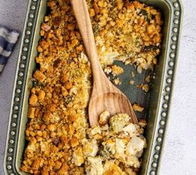 pasta salad with fresh dill, Broccoli Cauliflower Casserole from above with a serving spoon