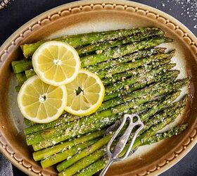 pasta salad with fresh dill, Garlic Parmesan Asparagus with lemon slices and cheese