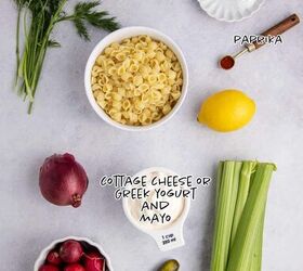 pasta salad with fresh dill, Pasta Salad with Fresh Dill ingredients in a counter