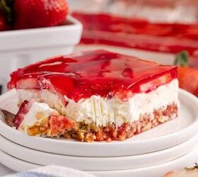classic strawberry pretzel salad creamy crunchy, Strawberry Pretzel Salad on a plate with a fork beside