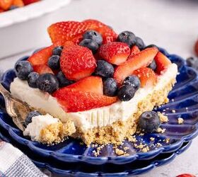 red white and blue pretzel salad made in a square pan, Red White and Blue Pretzel Salad on a plate with a fork beside