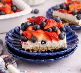 red white and blue pretzel salad made in a square pan, Red White and Blue Pretzel Salad on a stack of plates