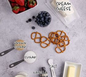 red white and blue pretzel salad made in a square pan, Red White and Blue Pretzel Salad Ingredients on a counter