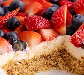 red white and blue pretzel salad made in a square pan, Red White and Blue Pretzel Salad in a casserole dish up close to see the layers