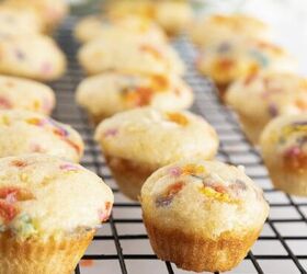 easy birthday cake mini muffins with sprinkles, Birthday cake mini muffins with rainbow sprinkles cooling on a wire rack
