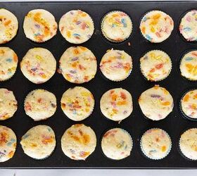 easy birthday cake mini muffins with sprinkles, Freshly baked birthday cake mini muffins cooling in a mini muffin pan