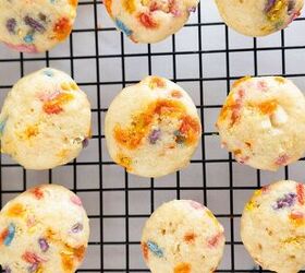 easy birthday cake mini muffins with sprinkles, Close up of birthday cake mini muffins cooling on a wire rack after baking