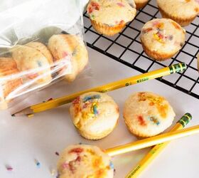 easy birthday cake mini muffins with sprinkles, Birthday cake mini muffins beside yellow pencils and a plastic storage bag on a white surface