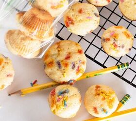 easy birthday cake mini muffins with sprinkles, Birthday cake mini muffins with colorful sprinkles arranged around yellow pencils and a cooling rack