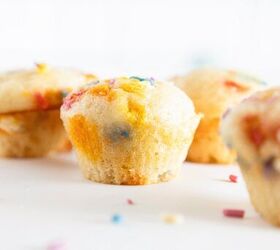 easy birthday cake mini muffins with sprinkles, Birthday cake mini muffin with colorful sprinkles and blurred muffins in the background