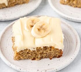 banana cake made with fresh milled flour, Banana cake made with fresh milled flour with cream cheese frosting sectioned off onto 3 small plates