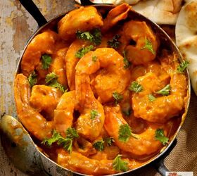 curry shrimp instant pot shrimp curry recipe, Overhead image of Curry Shrimp in a pan with cilantro for garnish